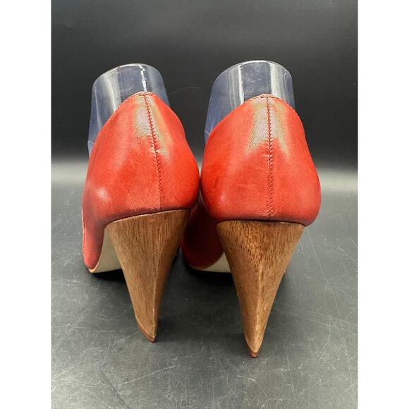 ALDO Red Leather Peep Toe Heels Women’s Size 40 (US 9.5-10) Wood Cone Heel - Picture 3 of 13